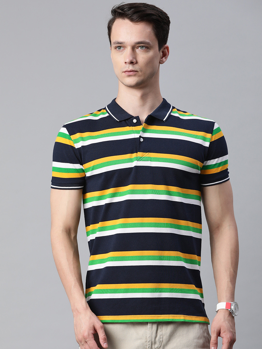 Pierre Carlo Men Navy Blue & Green Striped Polo Collar T-shirt