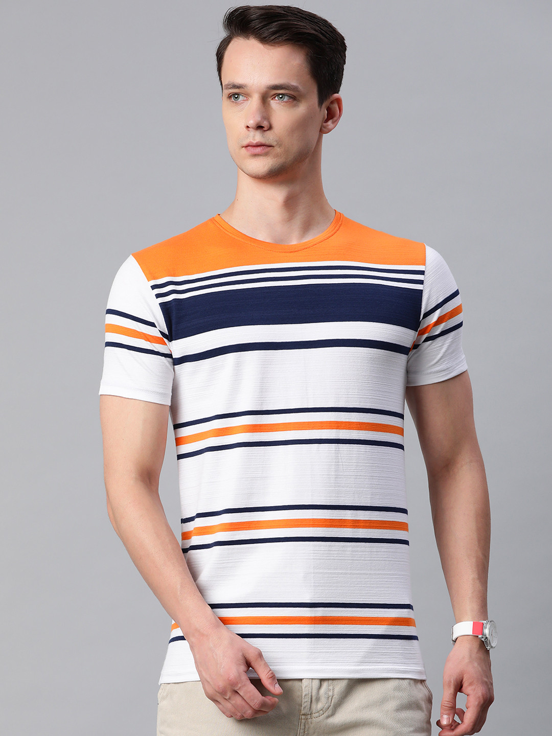 Pierre Carlo Men White & Navy Blue Striped T-shirt