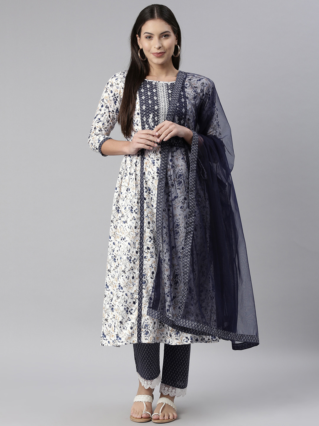 SheWill Women White & Navy Blue Mirror Work Embroidered Kurta with Trousers & With Dupatta