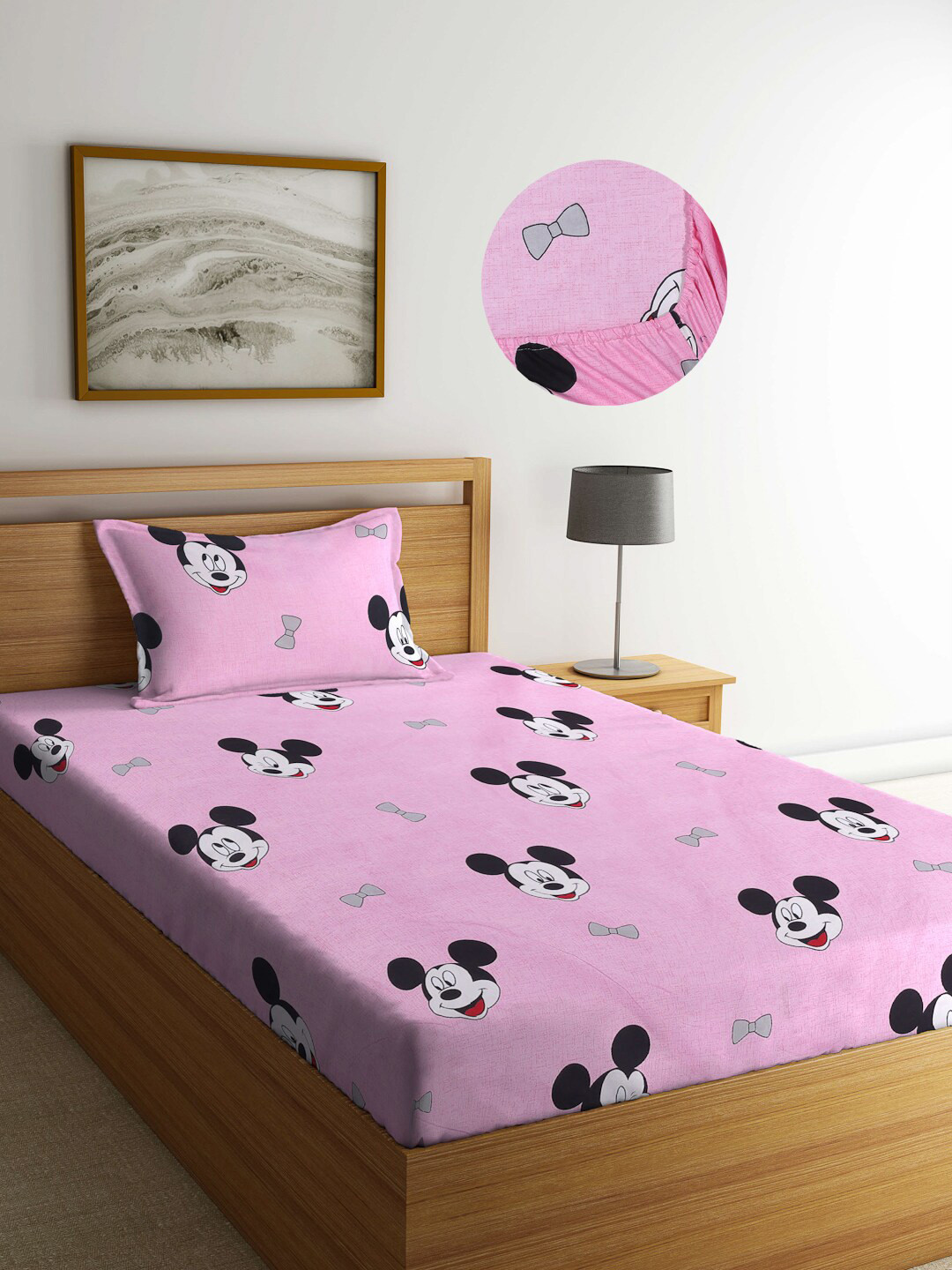 Arrabi Pink Cartoon Characters Cotton 300 TC Fitted Single Fine Bedsheet with a Pillow Cover-87 x 59 inches