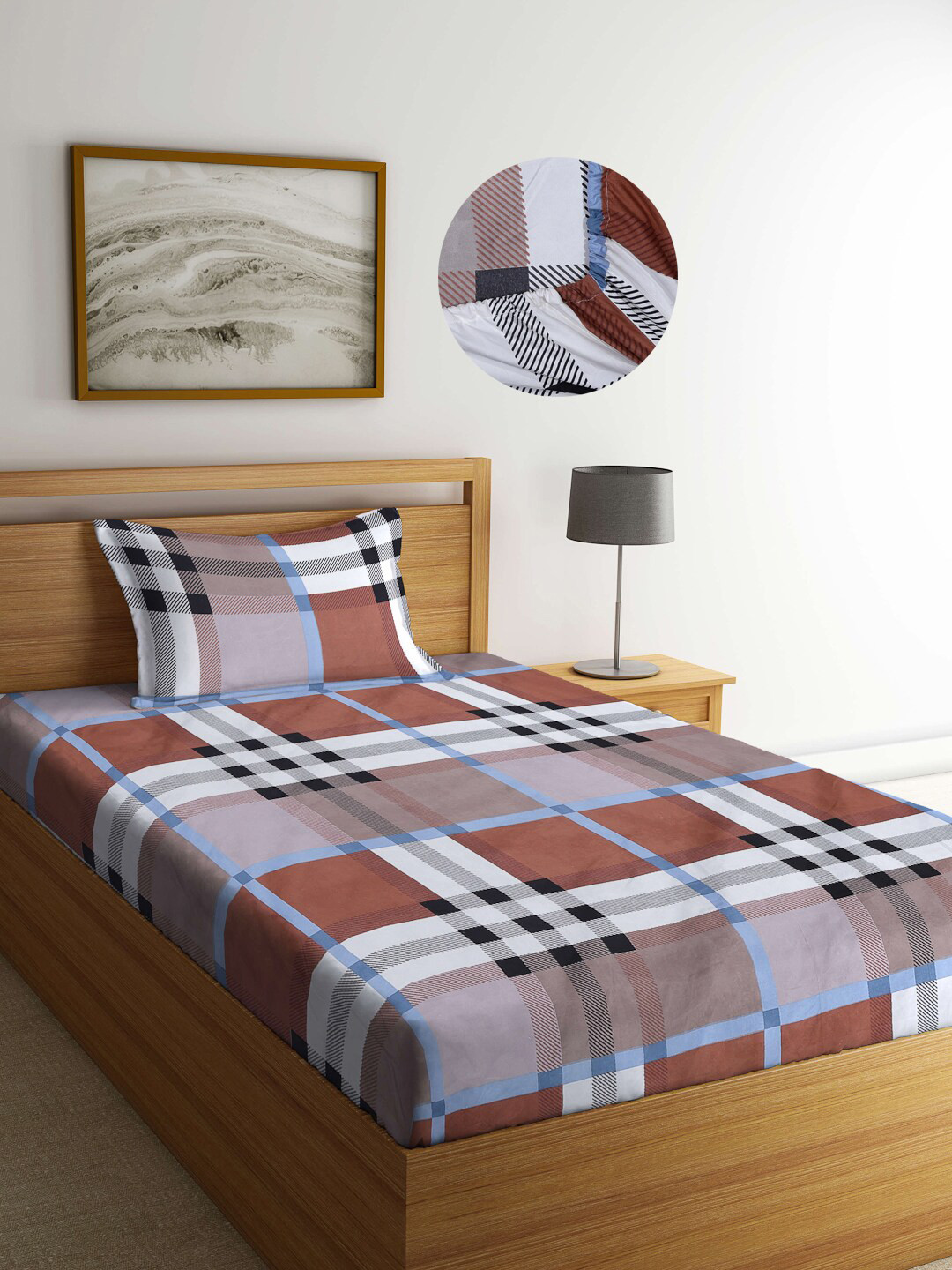 Arrabi Multicoloured Checked Polycotton Skin-Friendly 300 TC Fitted Single Fine Bedsheet with a Pillow Cover-85 x 59 inches