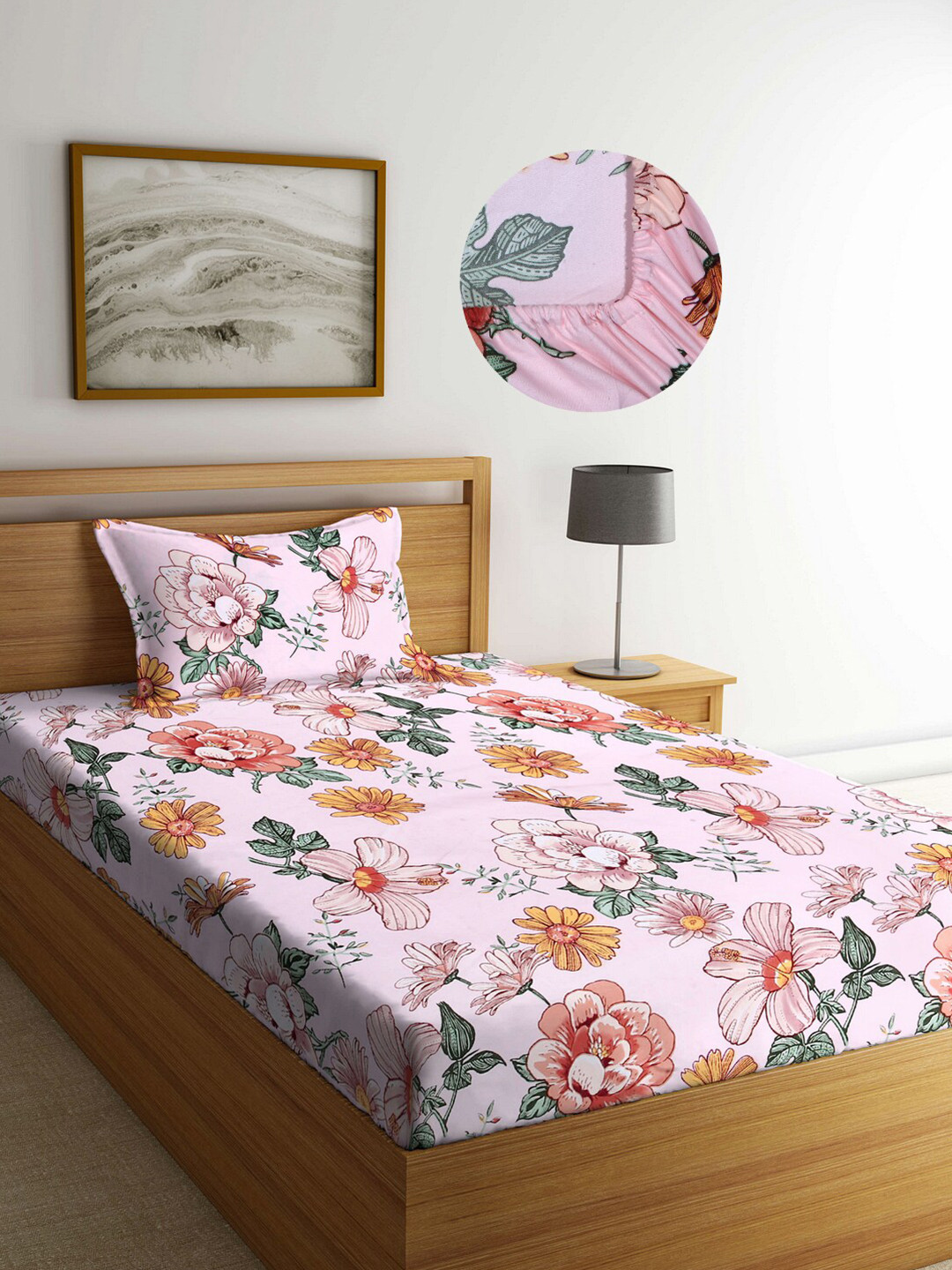 Arrabi Multicoloured Floral Polycotton 300 TC Fitted Single Fine Bedsheet with a Pillow Cover-274 x 274 cm
