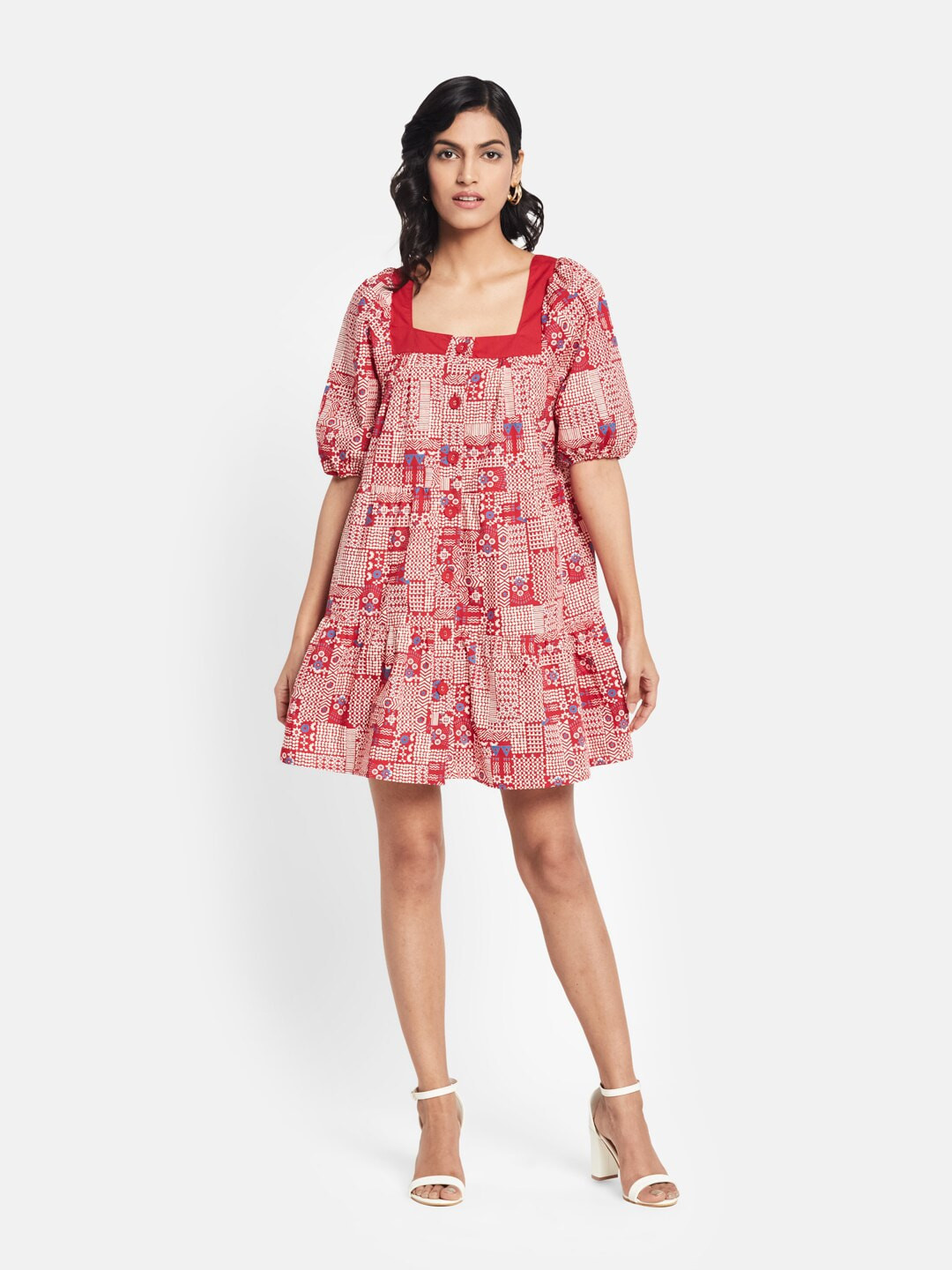 Fabindia Red & White Cotton Poplin Tiered A-Line Dress