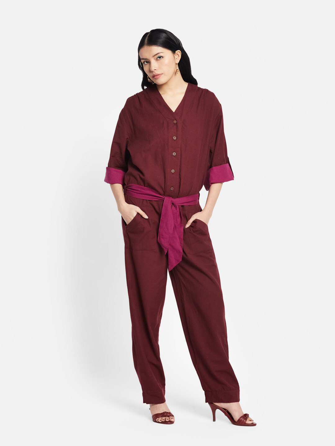 Fabindia Purple Cotton Linen Basic Jumpsuit