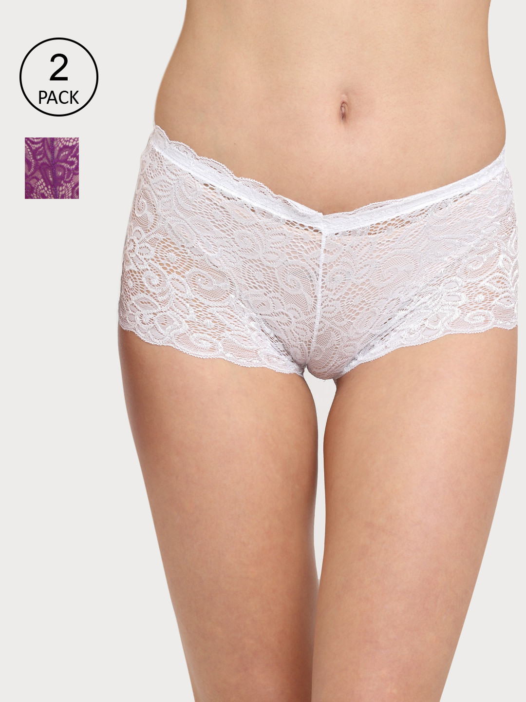 Friskers Women Pack Of 2 White & Purple Cotton Lace Design Boxer-Style Briefs