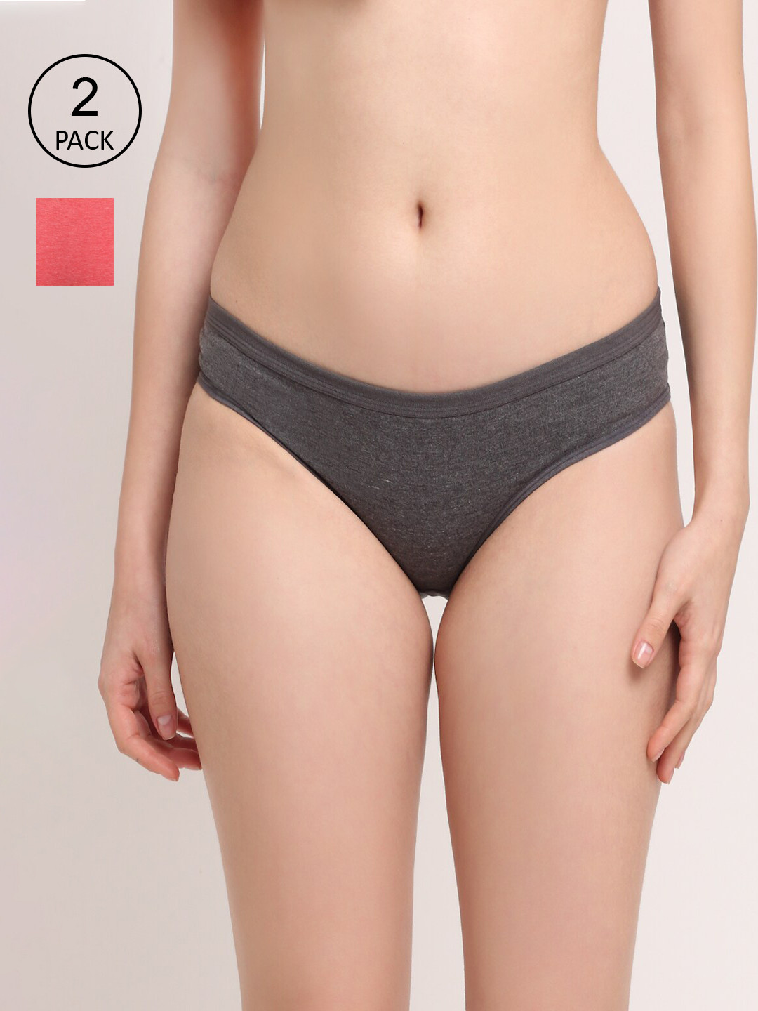 Friskers Pack f 2 Women Coral Red & Charcoal Grey Solid Hipster Briefs - O-321-15-22-S