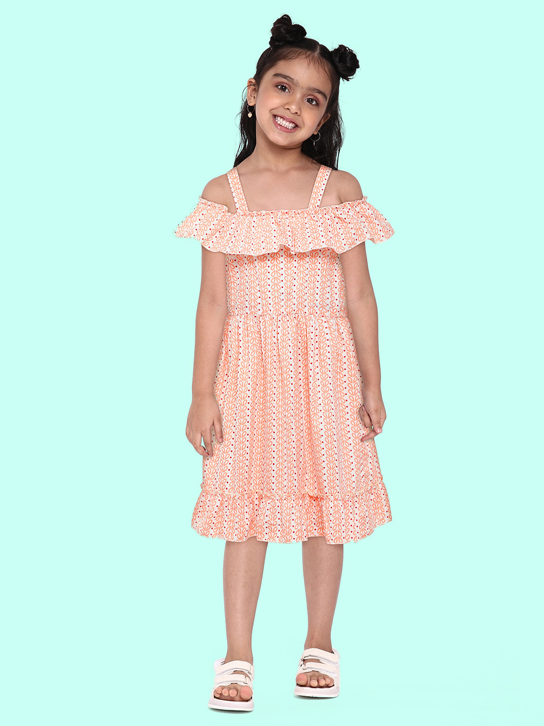 Eimoie Peach-Coloured Pure Cotton Ethnic Motifs A-Line Dress