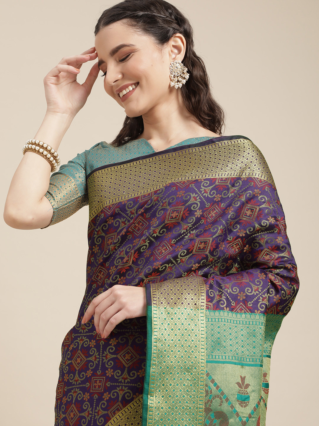 Mitera Violet & Blue Ethnic Motifs Zari Silk Blend Patola Saree