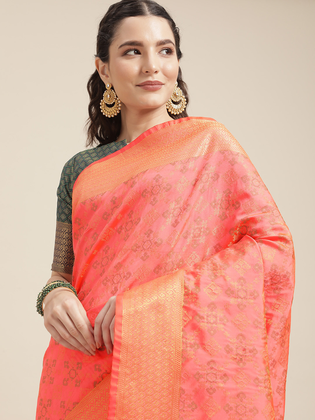 Mitera Peach-Coloured & Navy Blue Ethnic Motifs Zari Silk Blend Patola Saree