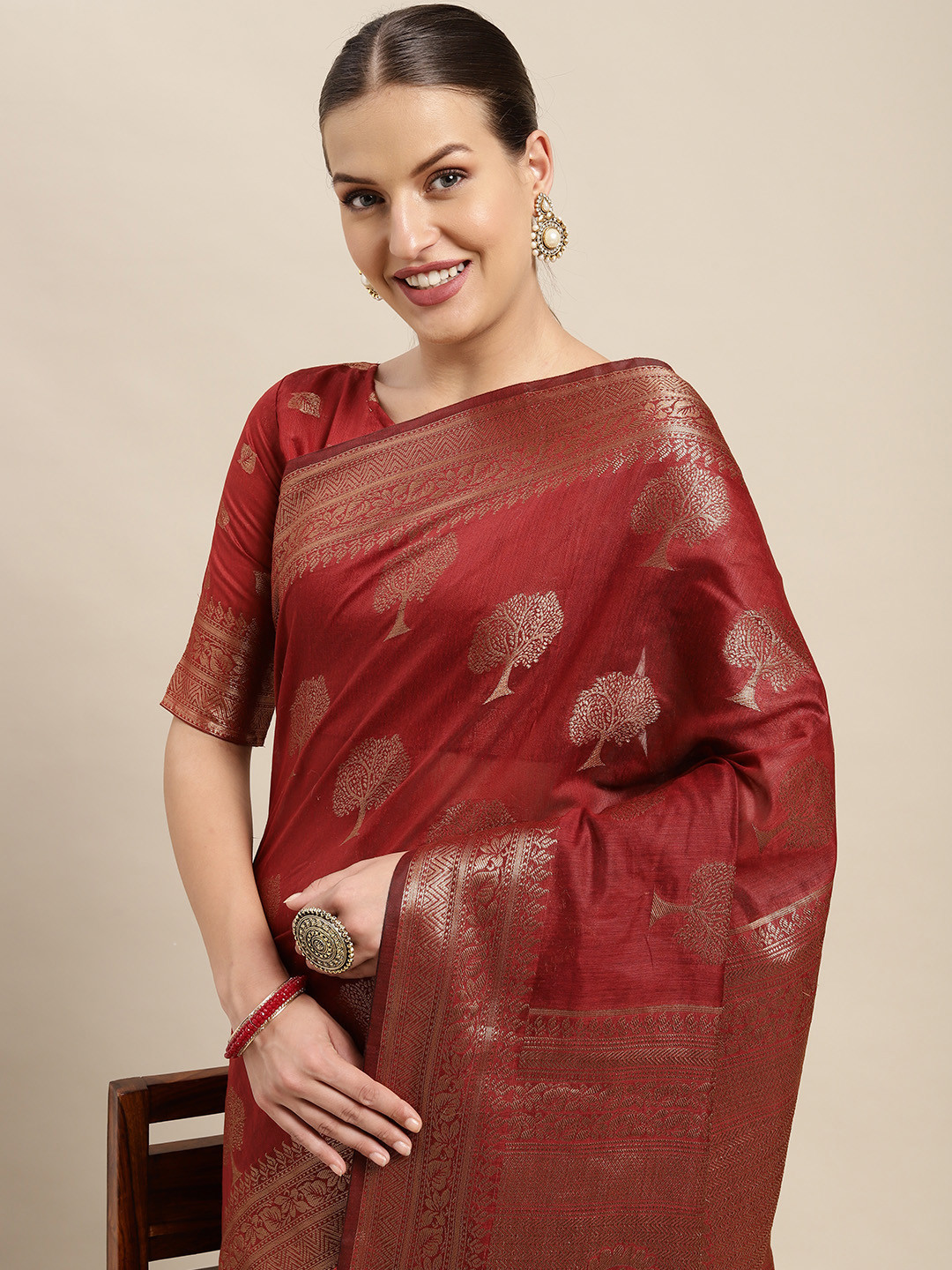 Mitera Maroon & Golden Ethnic Motifs Zari Linen Blend Kanjeevaram Saree