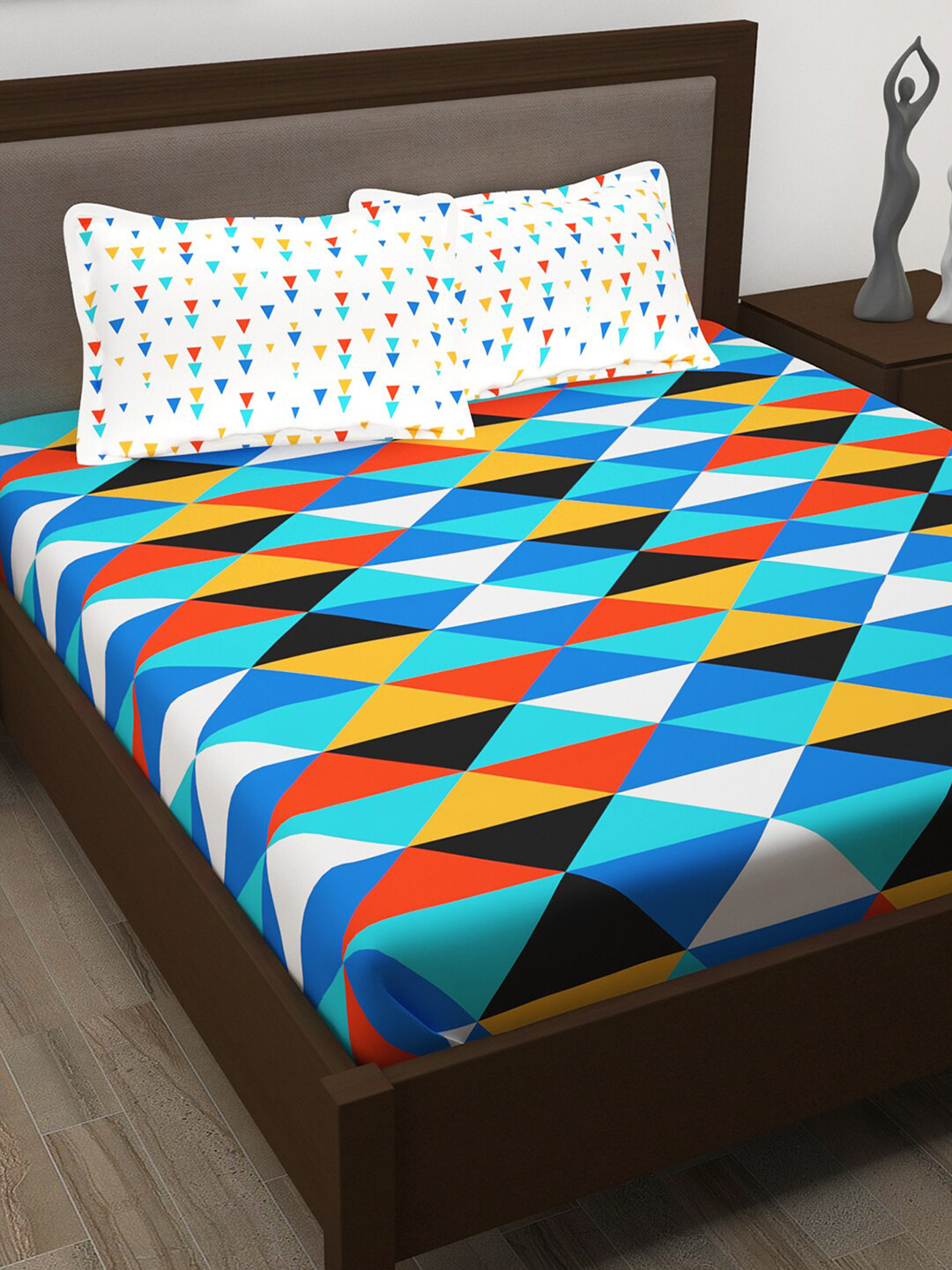 Story@home Metro Blue Geometric Pure Cotton Skin-Friendly 186 TC Queen Fine Bedsheet with 2 Pillow Covers-89 x 98 inches