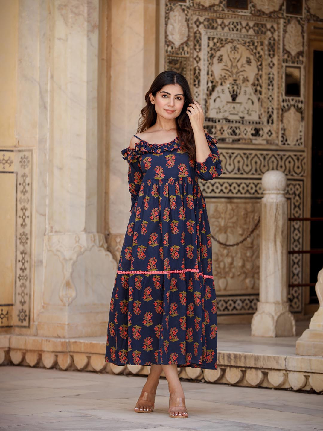 Yufta Women Deep Navy Blue Floral Swirling Volume Dress