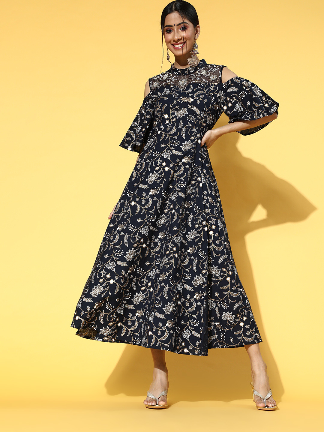 Yufta Women Deep Navy Blue Ethnic Motifs Swirling Volume Dress
