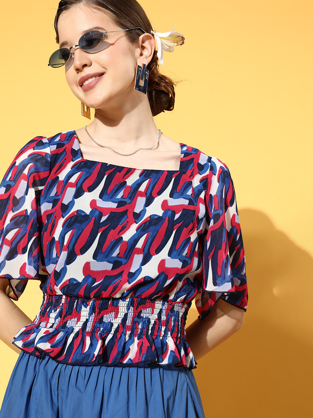 plusS Women Gorgeous Red Abstract Volume Play Top