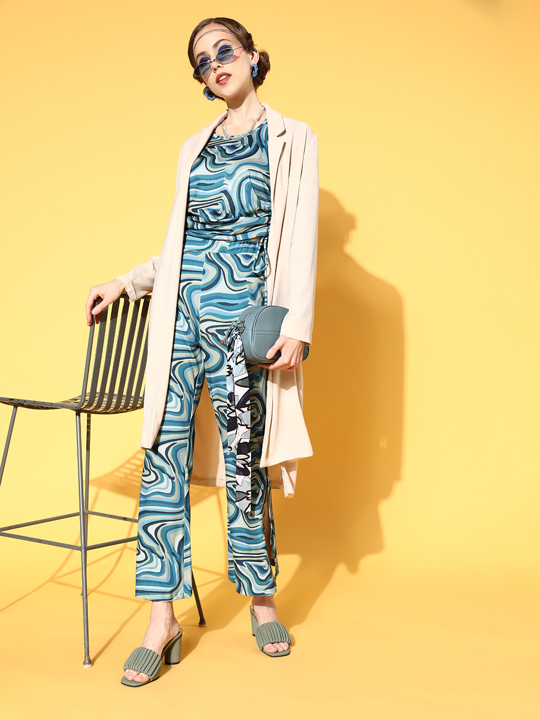 plusS WORX Women Green Abstract Print Side-Slit Trousers