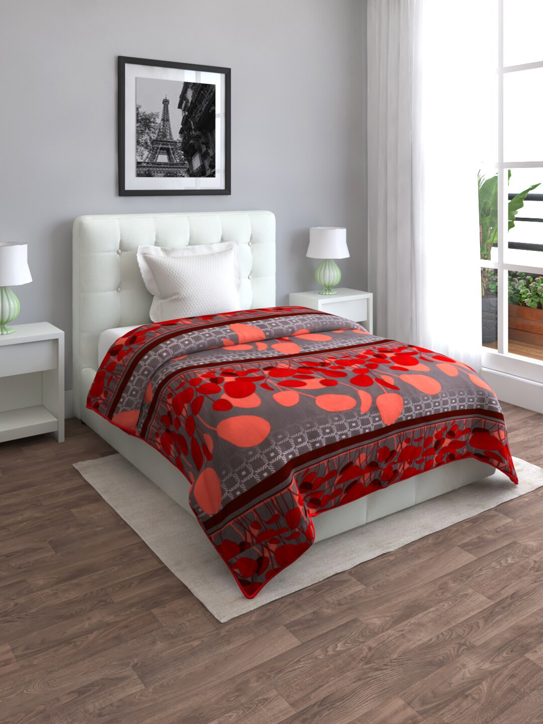 ROMEE Grey Floral AC Room 210 GSM Reversilbe Single Bed Dohar