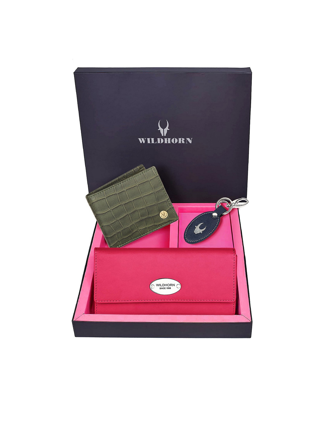 WildHorn Unisex Green & Pink Solid Premium Leather Accessory Gift Set