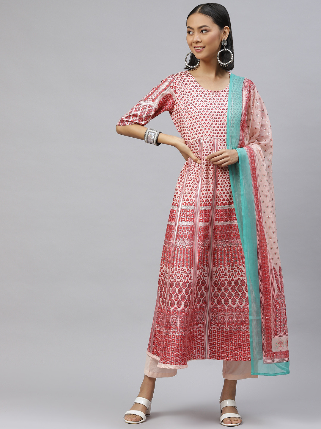 Nirkhi Women Peach-Coloured Ethnic Motifs Printed Kurta with Palazzos & With Dupatta
