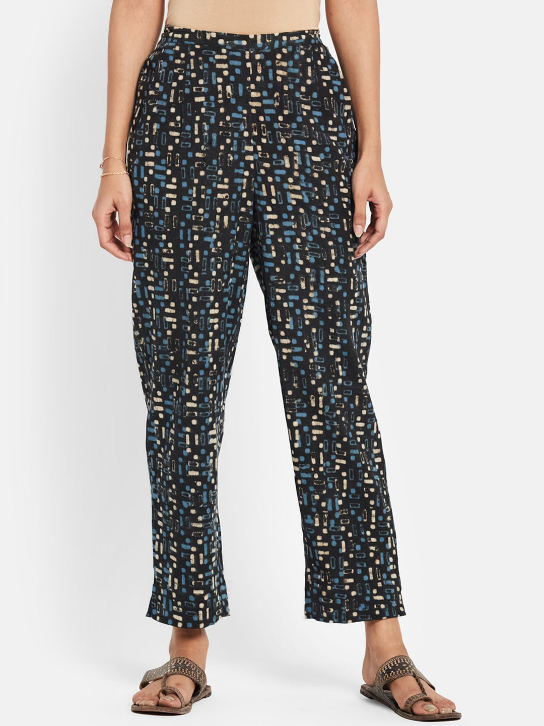 Fabindia Women Blue & Cream Printed Trousers