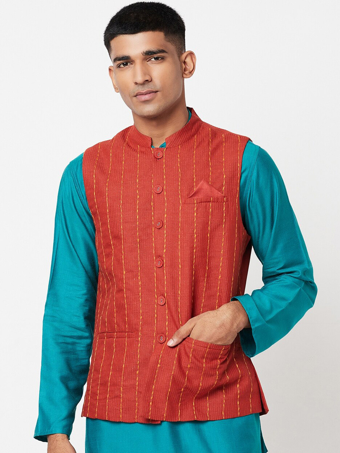 Fabindia Men Red Dobby Woven Design Nehru Jacket