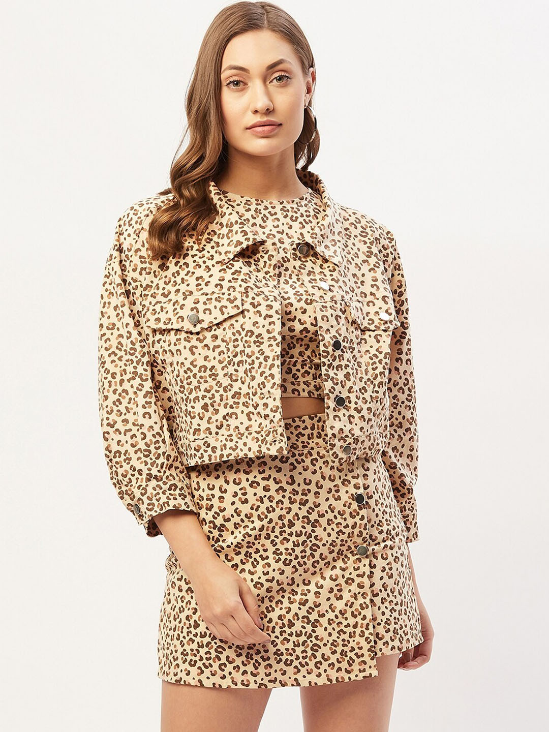ANVI Be Yourself Women Beige & Brown Leopard Printed Straight Mini Skirt