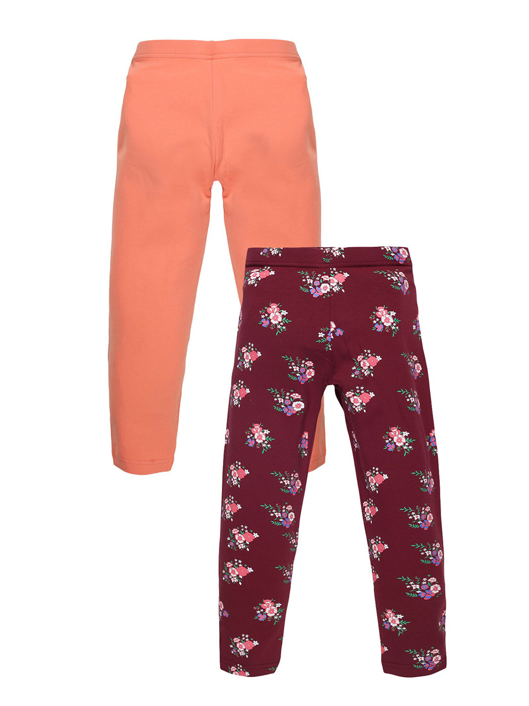 PLUM TREE Girls Orange & Maroon Pack of 2 Solid & Printed Leggings