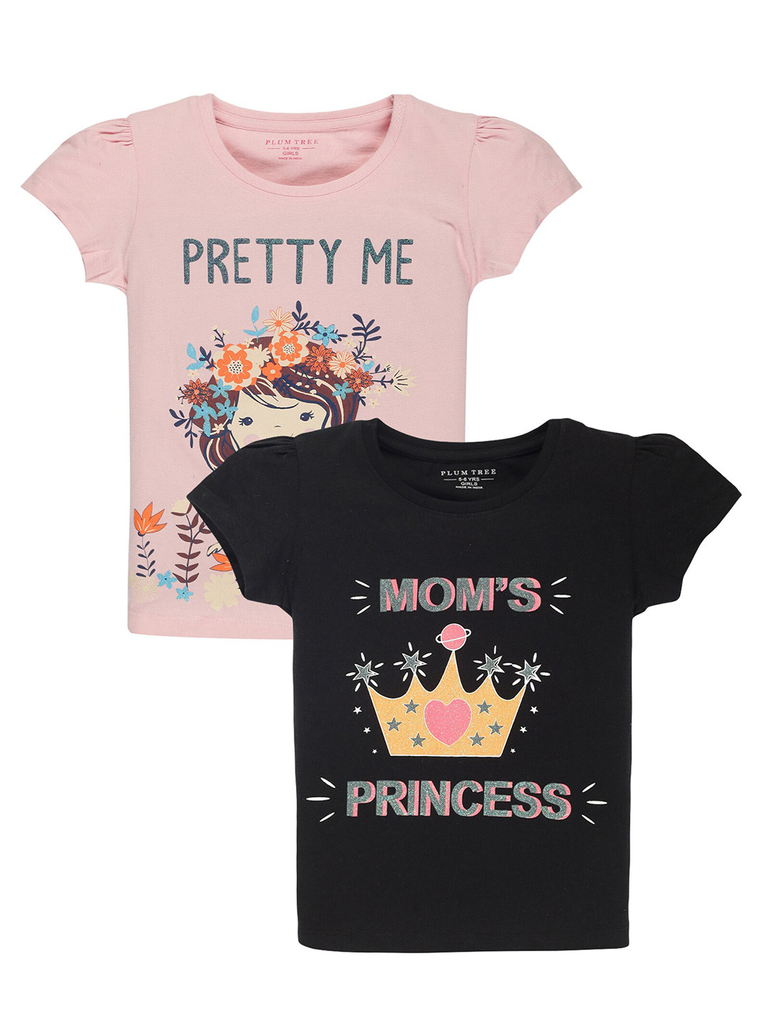 PLUM TREE Girls Pack of 2 Black & Pink Printed Pure Cotton T-shirt