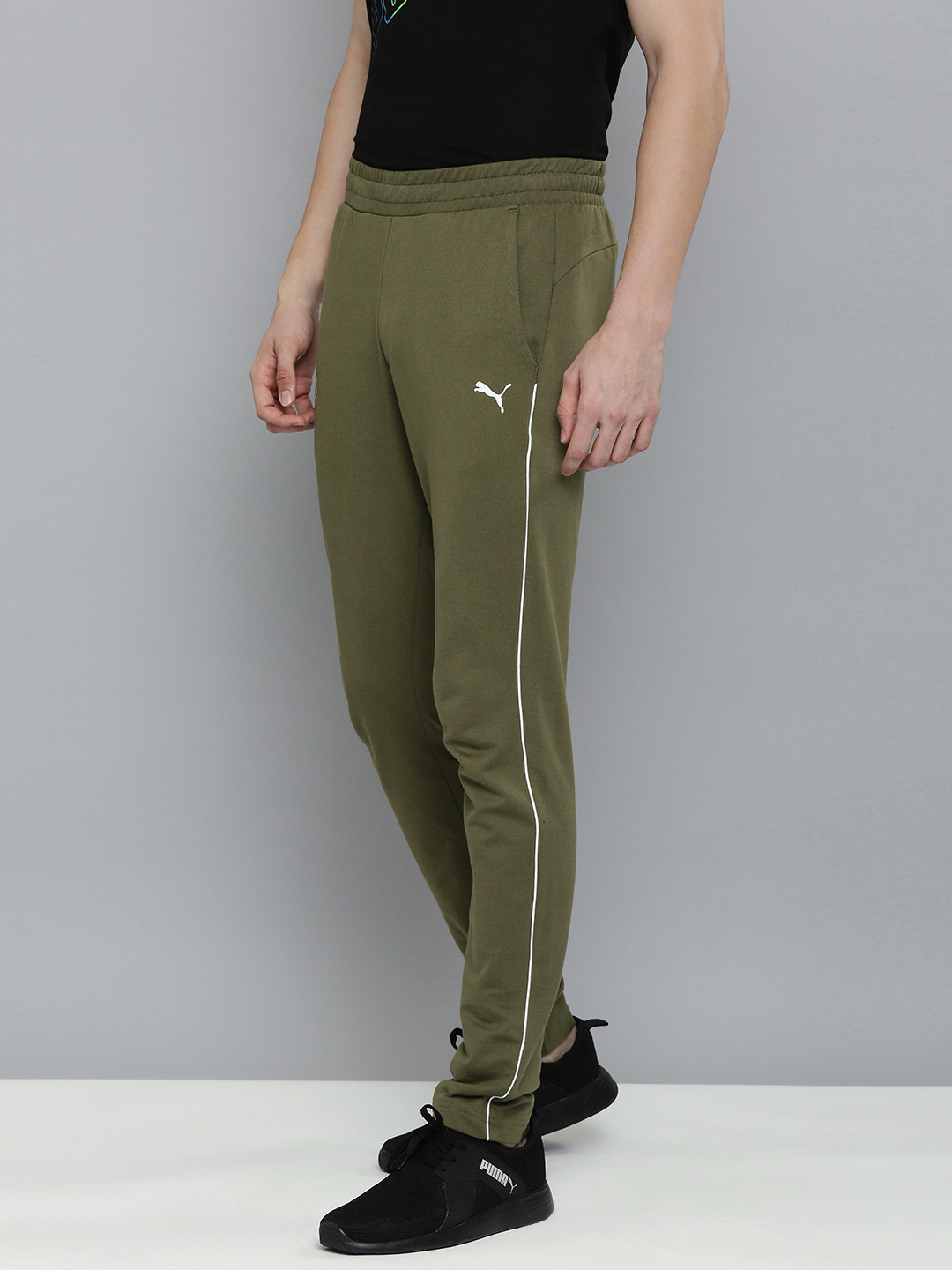 Puma Men Olive Green & White Colourblocked Mid Rise Casual Track Pants