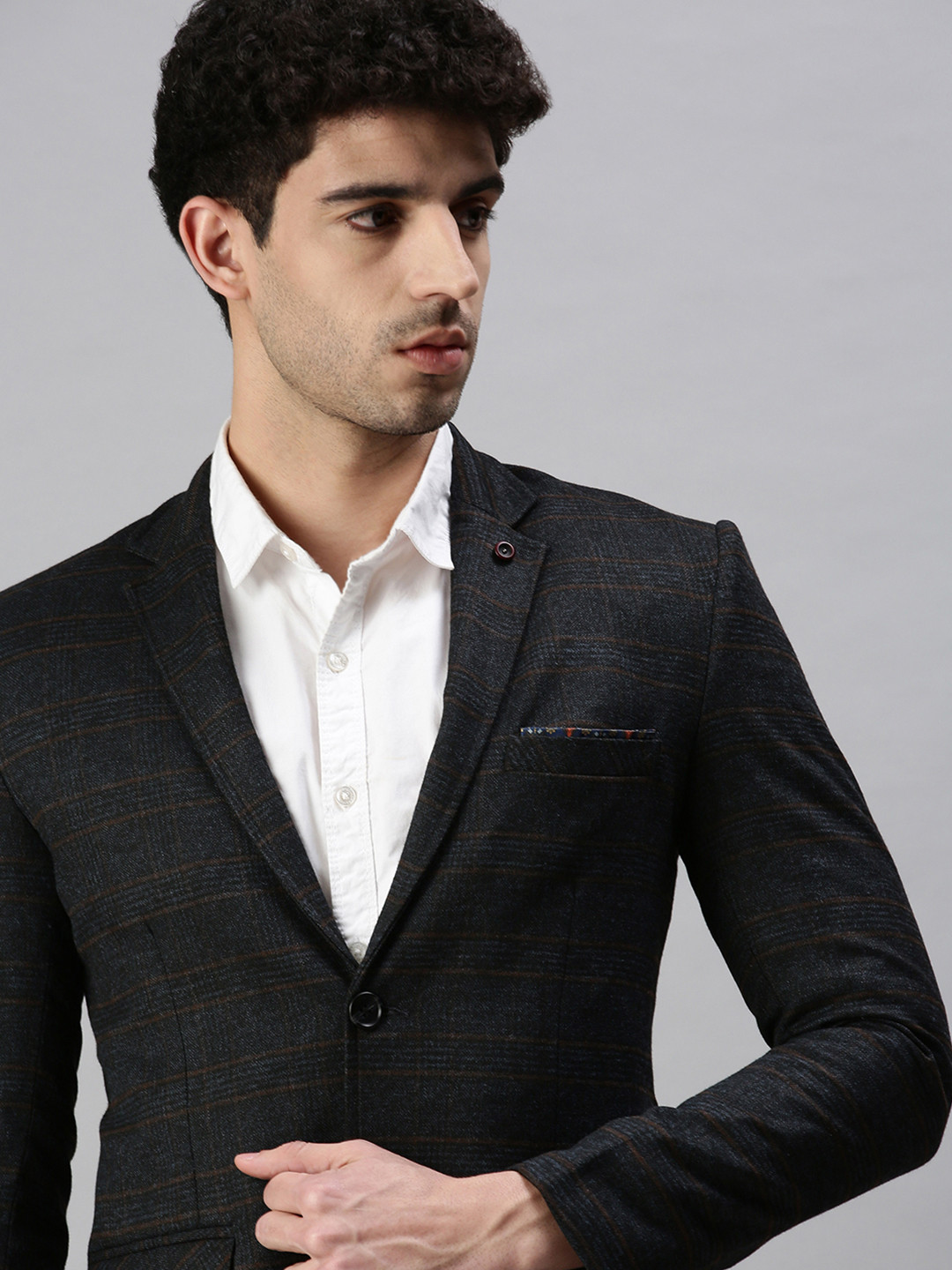 SHOWOFF Men Black & Grey Checked Single-Breasted Slim-Fit Casual Blazer