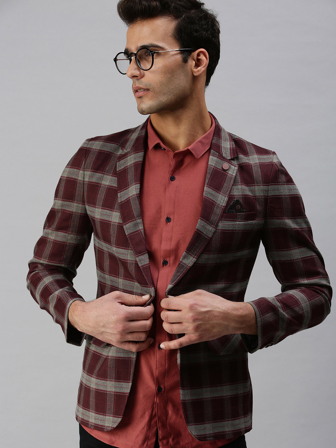 SHOWOFF Men Maroon & Grey Checked Printed Single-Breasted Slim-Fit Casual Blazer