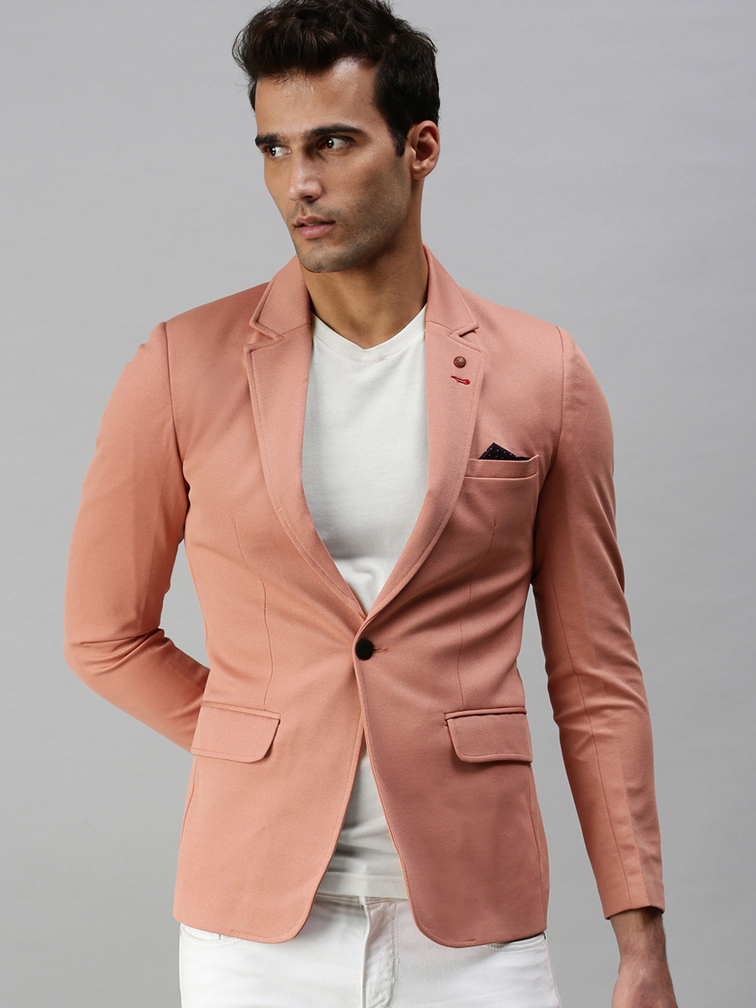 SHOWOFF Men Peach-Coloured Solid Slim Fit Single Breasted Casual Blazers
