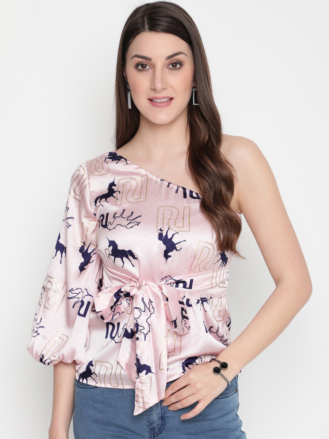 AKIMIA Pink & Blue Conversational Printed One-Shoulder Cinched Waist Top