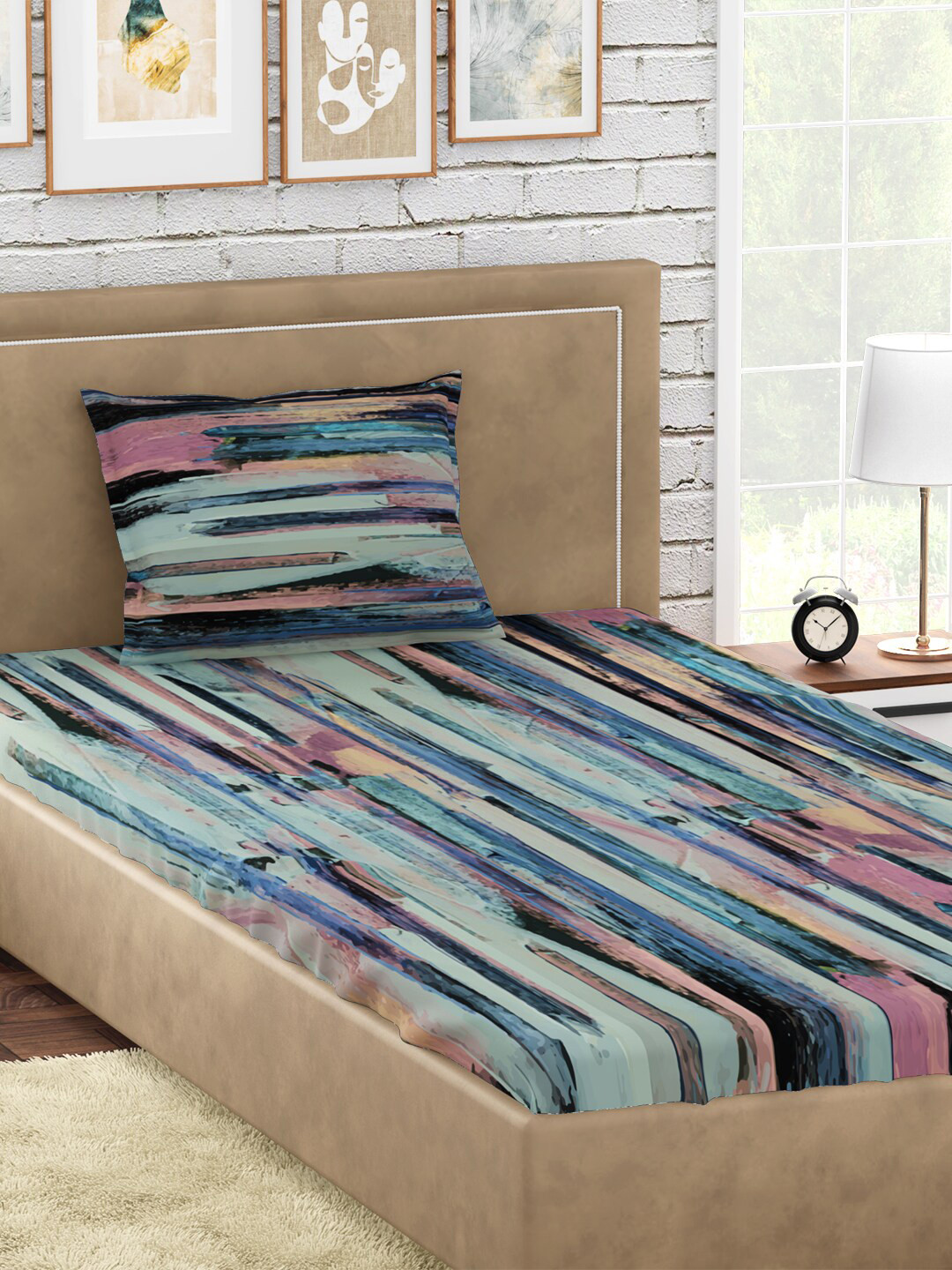 PETAL HOME Blue & Pink 300 TC Single Cotton Bedsheet with 1 Pillow Cover