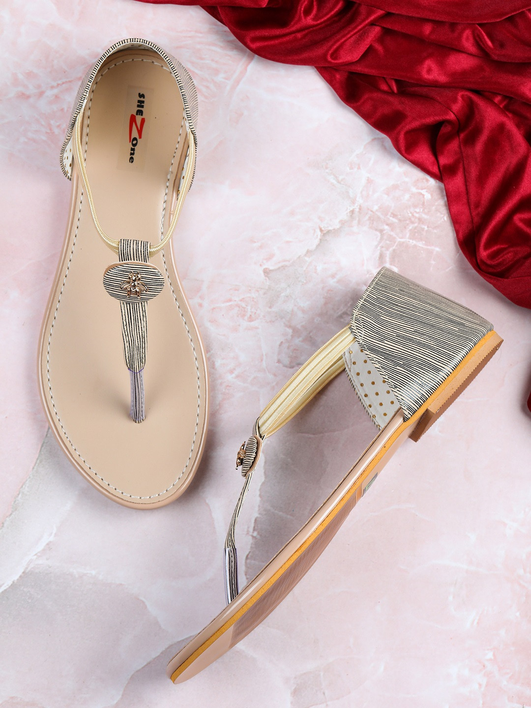 Shezone Women Cream-Coloured Striped T-Strap Flats