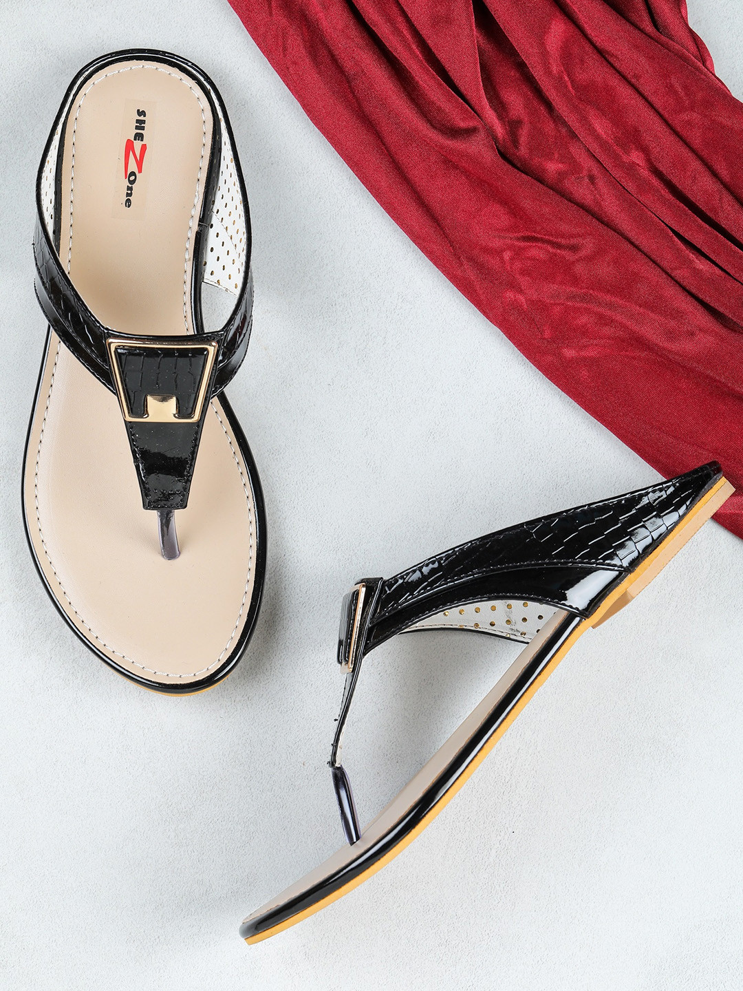 Shezone Women Black & Beige Textured T-Straps Flats