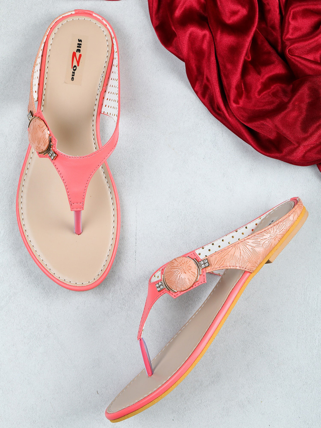 Shezone Women Peach-Coloured T-Strap Flats