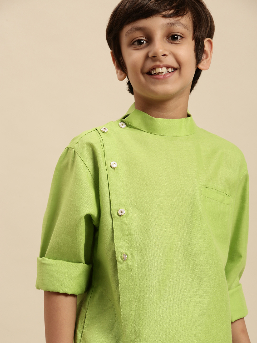 Here&Now X Sanwara Boys Green Art Silk Pastels Kurta