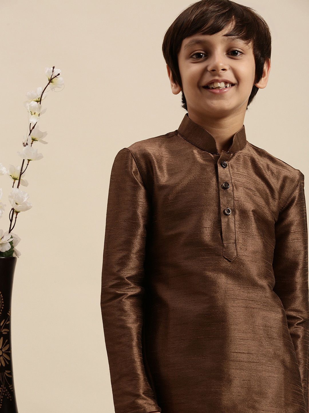 Here&Now X Sanwara Boys Brown Pastels Solid Kurta