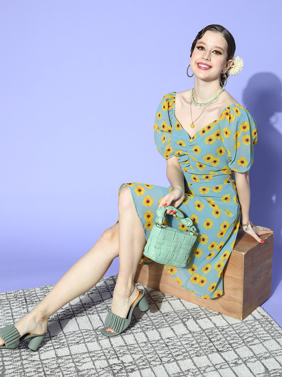 plusS Turquoise Blue & Yellow Floral Georgette A-Line Dress