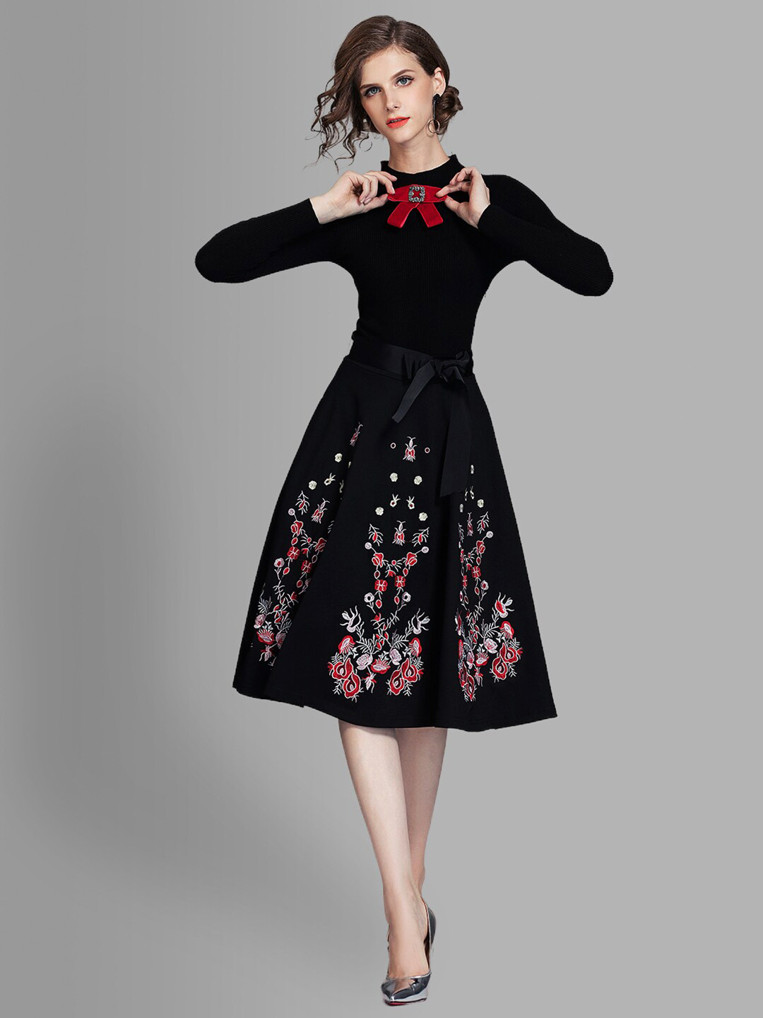 JC Collection Women Black & Red Floral Embroidered Tie-Up Neck Bow Detailed Dress