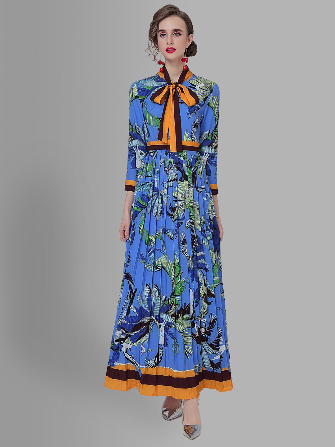 JC Collection Women Blue & Black Tie-Up Neck Maxi Dress