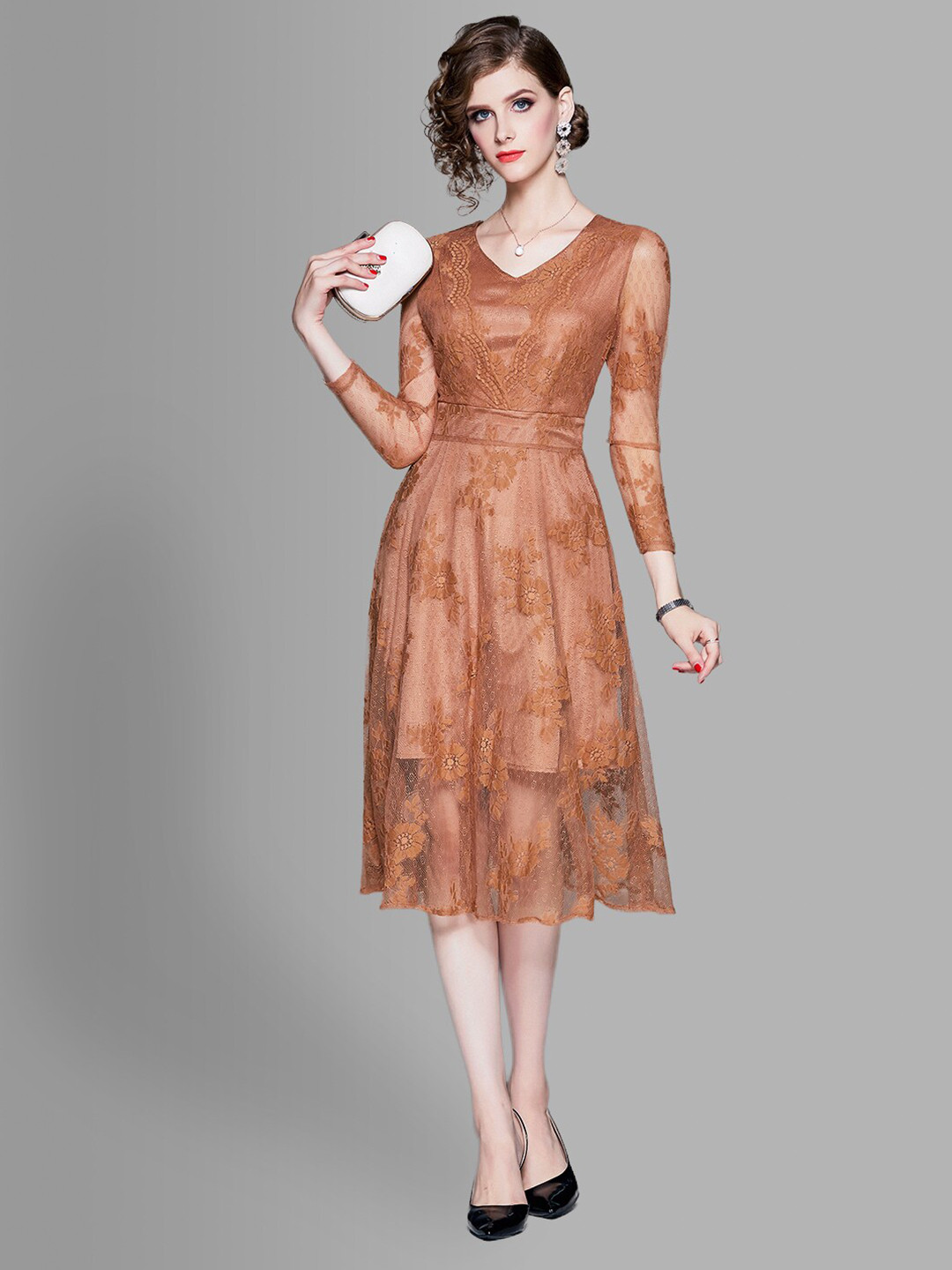 JC Collection Women Khaki-Coloured Self Design Midi Dress