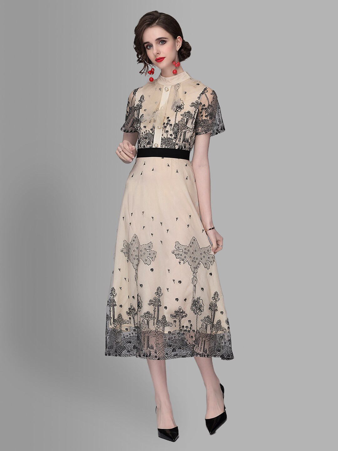 JC Collection Women Beige & Black Semi-Sheer Midi Dress
