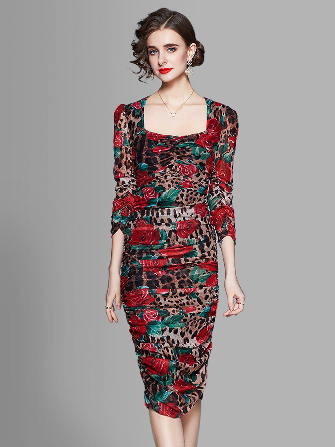 JC Collection Women Black Floral Bodycon Midi Dress