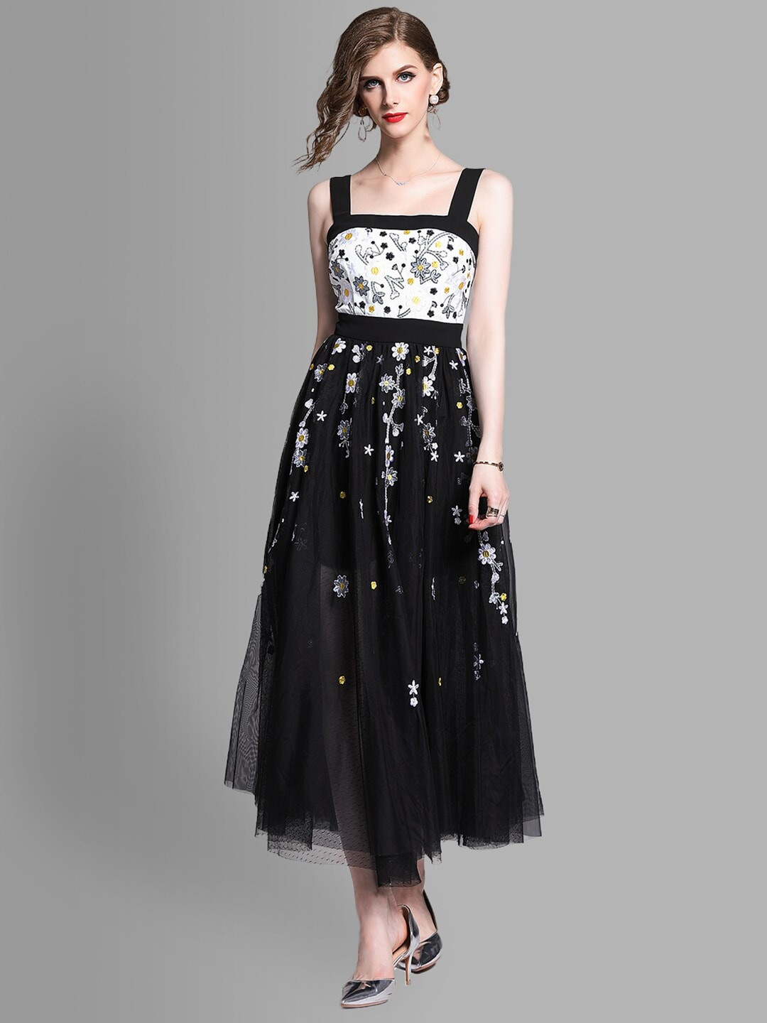 JC Collection Black & White Floral Embroidered Strappy Maxi Dress