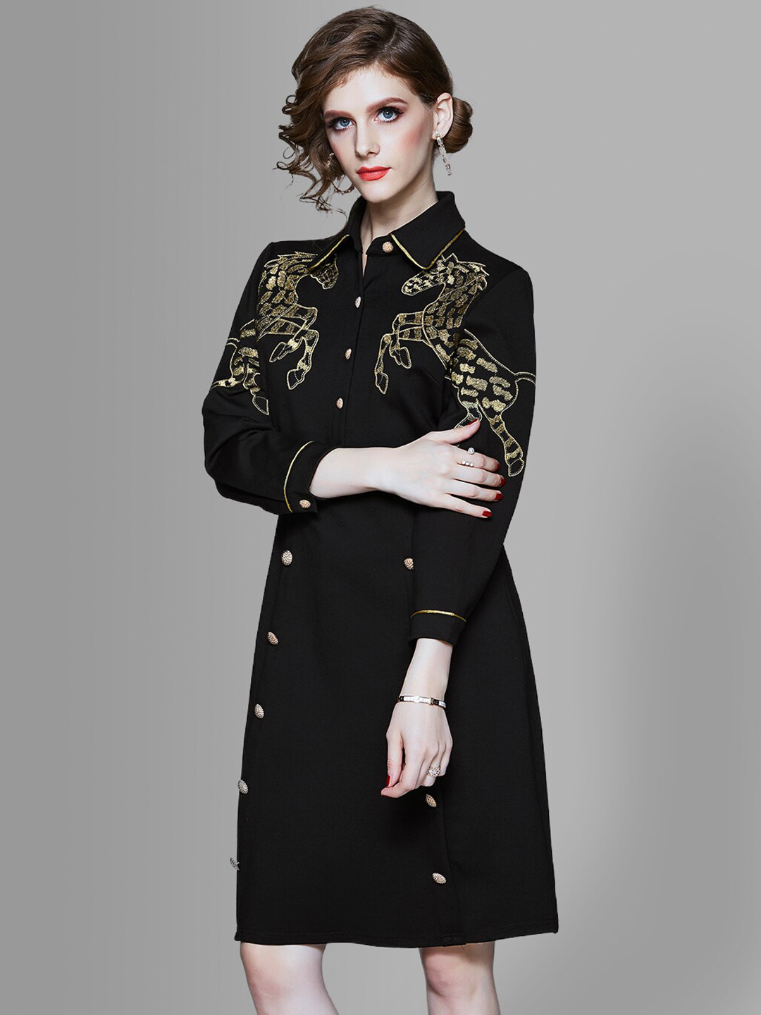 JC Collection Black & Gold-Toned Embroidered Shirt Dress