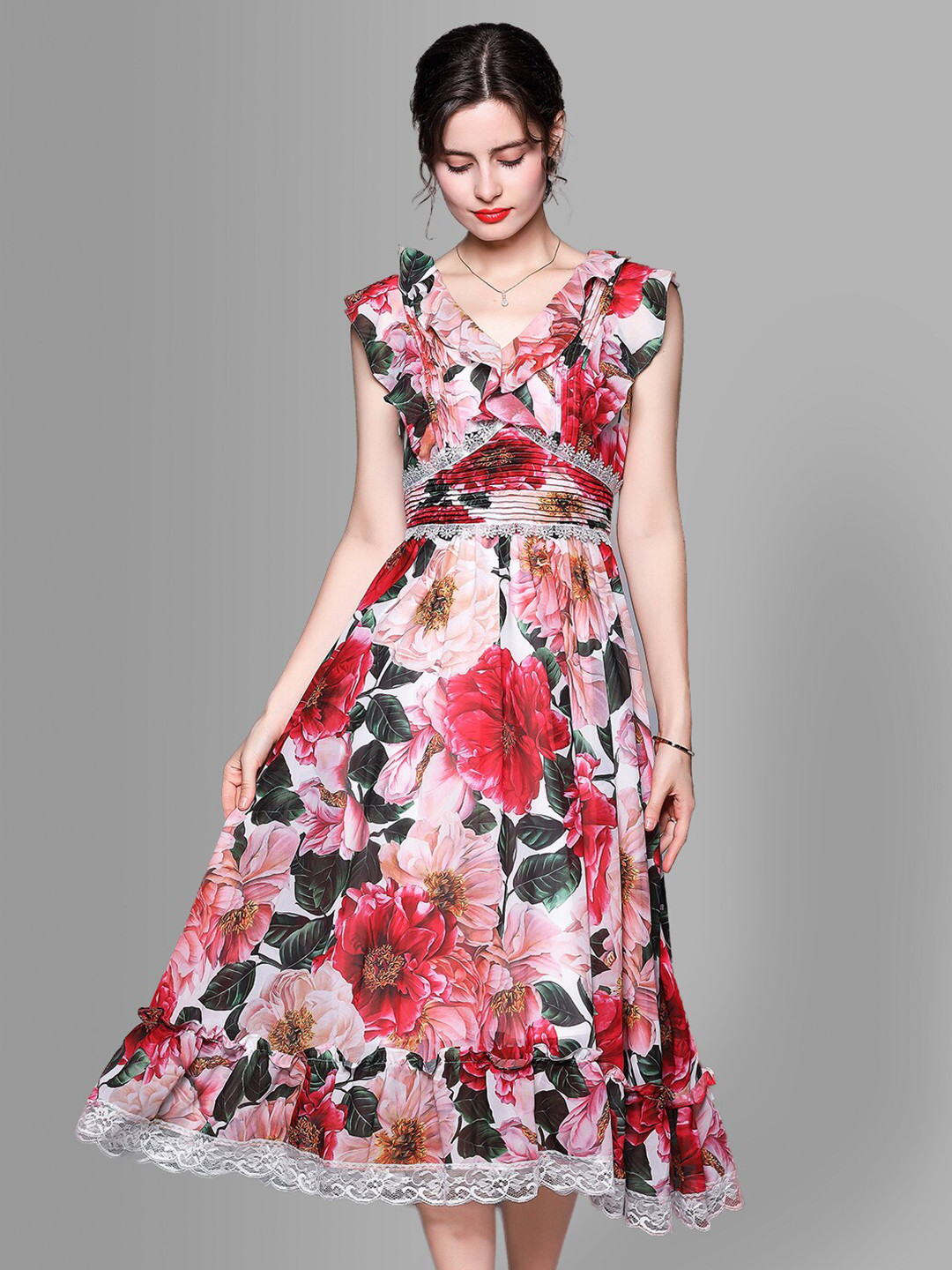 JC Collection Women Red & Pink Floral Dress