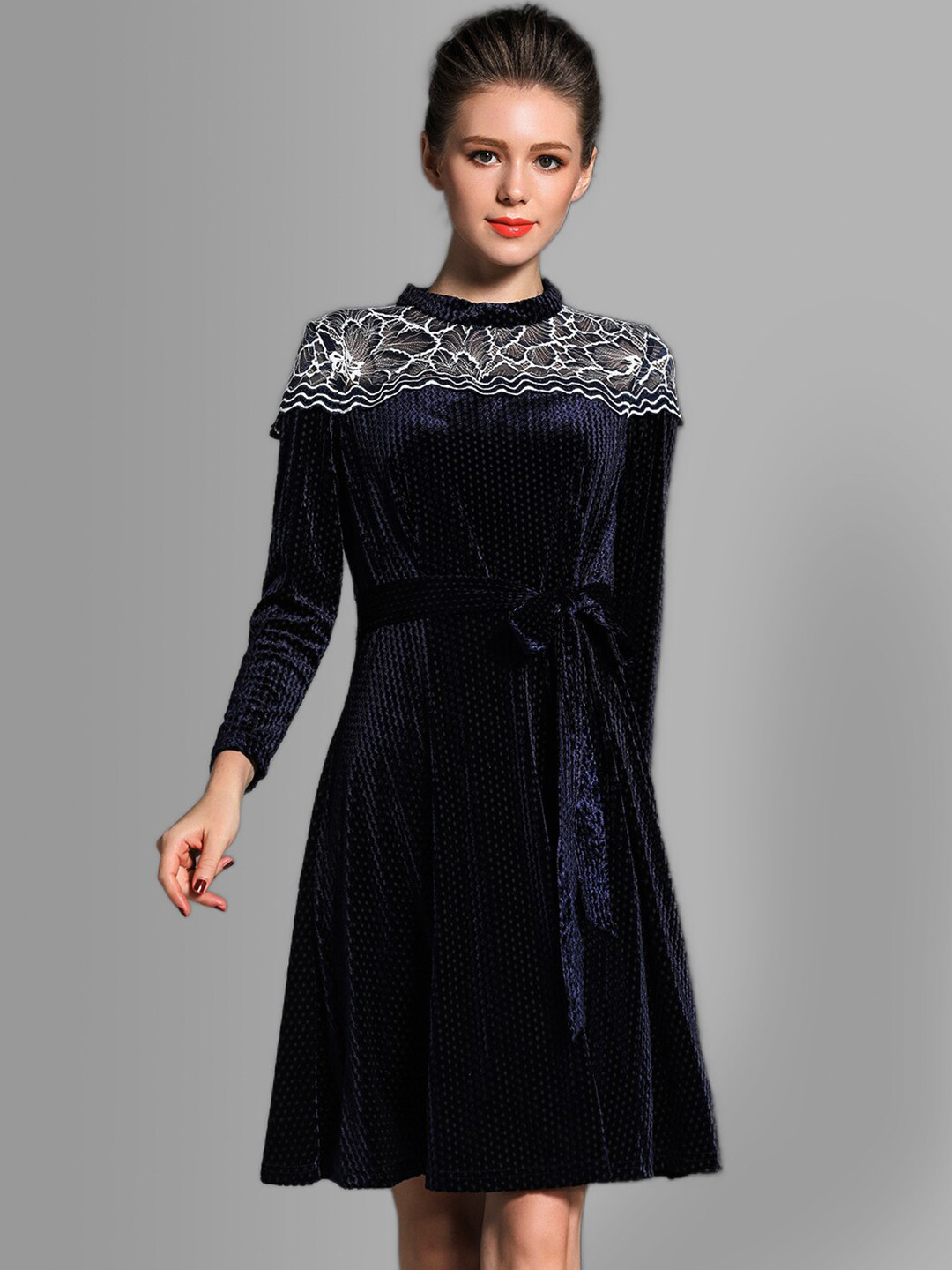 JC Collection Navy Blue & White Belted A-Line Dress