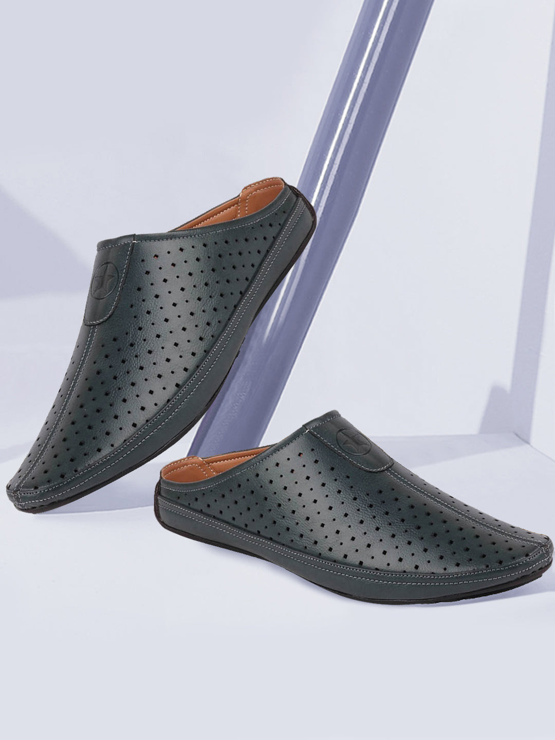 FAUSTO Men Blue Perforations PU Slip-On Mule Sneakers