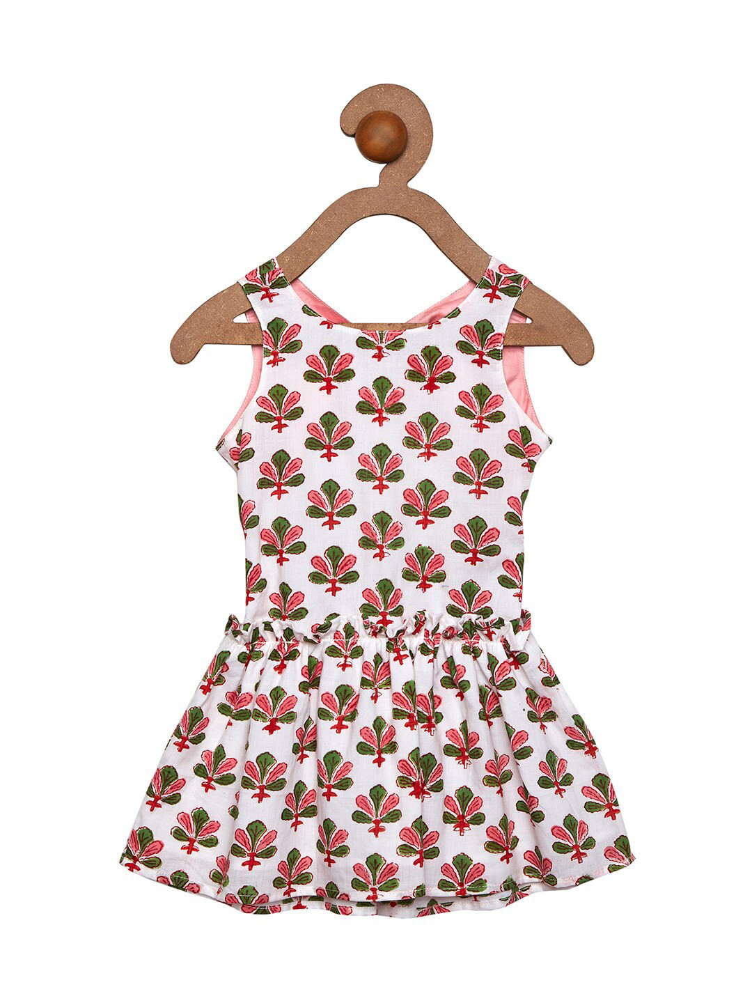 charkhee Girls White & Green Floral Drop-Waist Back Knot Cotton Dress